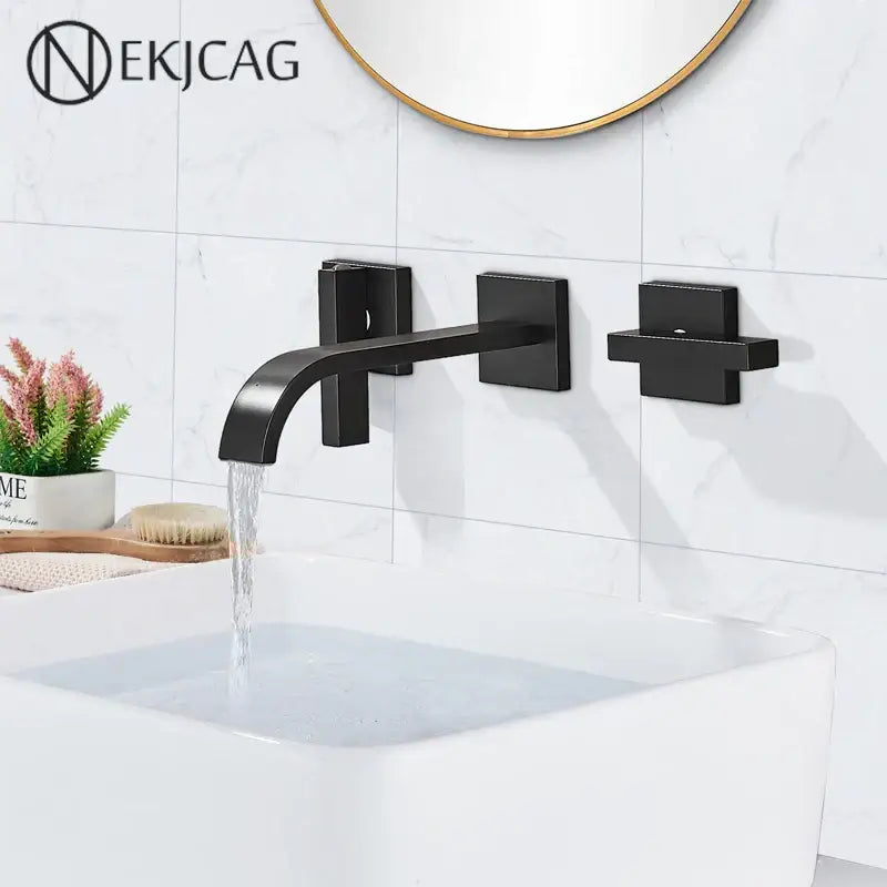 Modern matte black brass wall mounted basin faucet with sleek rectangular handles for black brass wall decorbites fixture