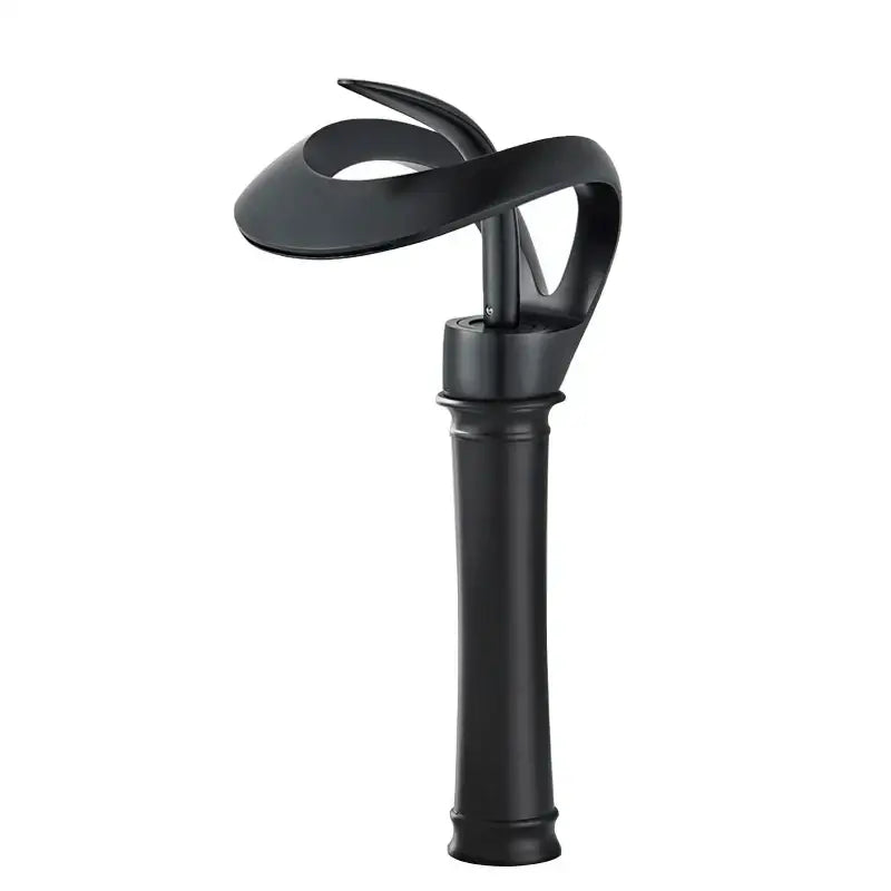 Modern matte black brass waterfall basin faucet with sculpted flowing design for bathroom vanity use