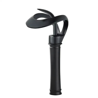 Modern matte black brass waterfall basin faucet with sculpted flowing design for bathroom vanity use