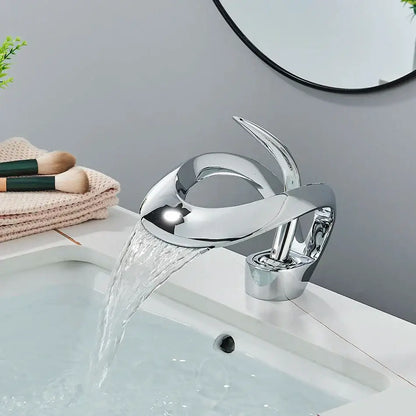 Modern matte black brass waterfall basin faucet with chrome finish flowing water stream for bathroom vanity tap