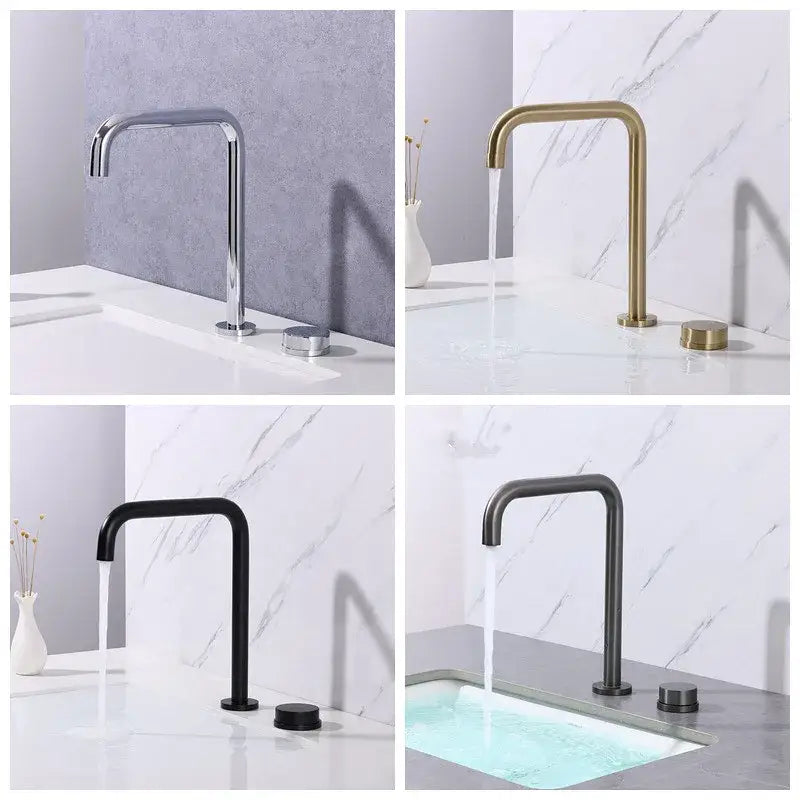 Modern matte black and brushed gold basin faucet with sleek curved spout and 360 rotation decorbites brushed gold finish
