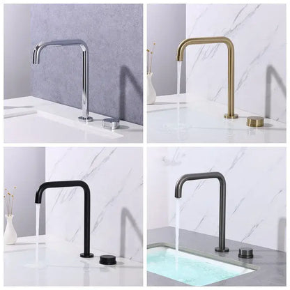 Modern matte black and brushed gold basin faucet with sleek curved spout and 360 rotation decorbites brushed gold finish