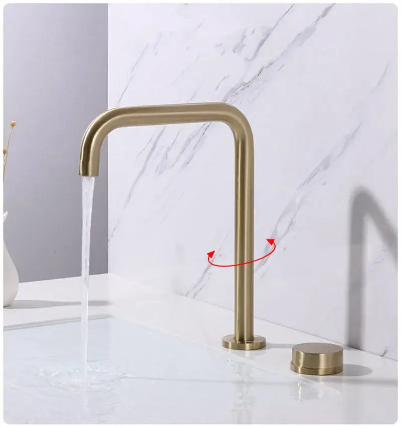 Modern matte black and brushed gold basin faucet with sleek minimalist design and two cylindrical handles for decorbites brushed gold collection