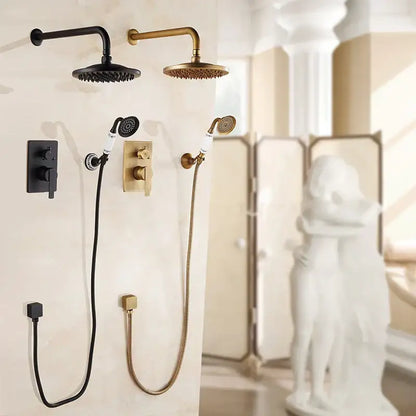 Modern matte black and brushed gold brass bath rain shower faucet set with sleek design for elegant bathroom use