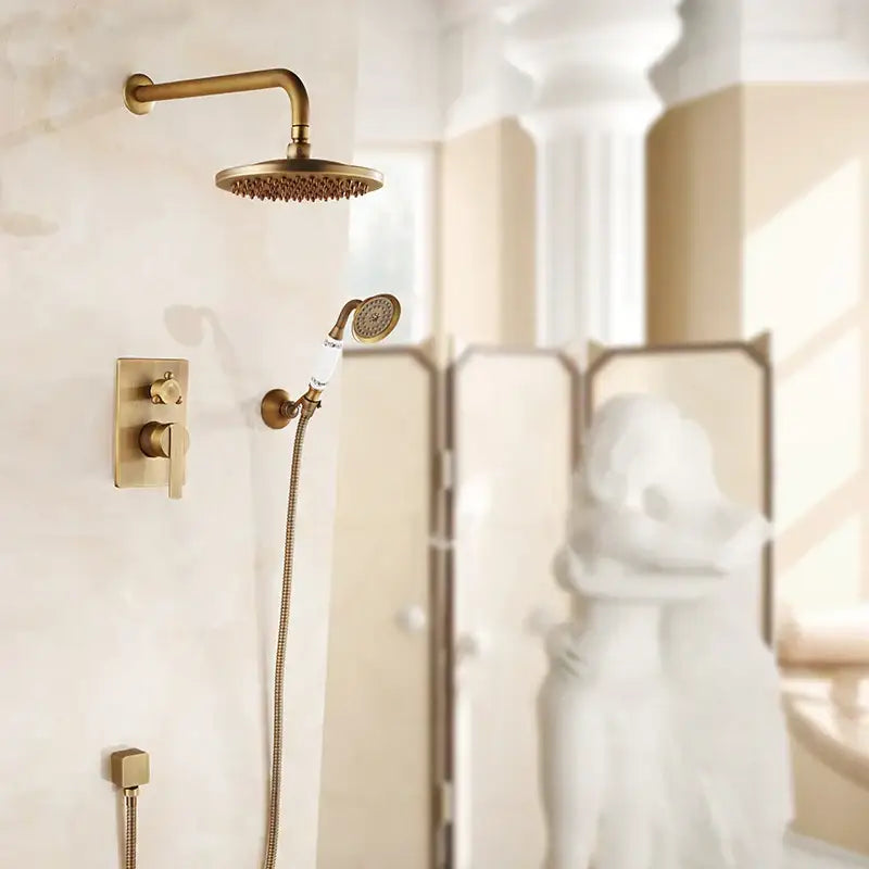 Brass-finished bath rain shower faucet set with circular textured spray face and matching handheld attachment
