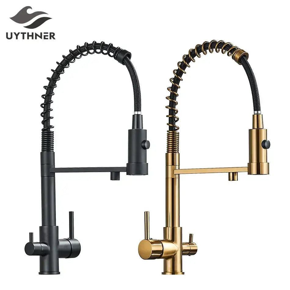 Modern matte black and brushed gold decorbites dual spout water filter kitchen faucets with flexible gooseneck spouts and braided hoses