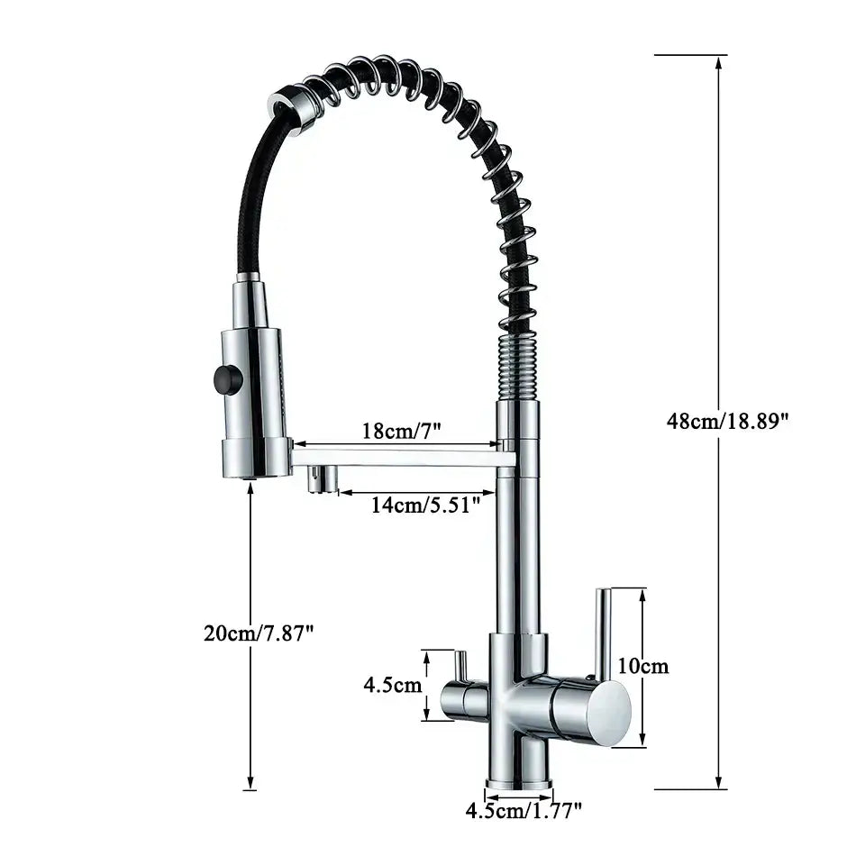 Modern chrome-finished kitchen faucet with flexible black spiral hose and pull-down spray head for decorbites dual spout water filter