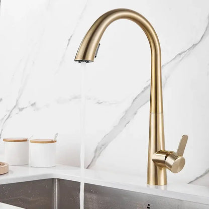 Modern matte black and brushed gold kitchen faucet with a gold-toned curved spout and pull-down spray head decorbites black brushed gold