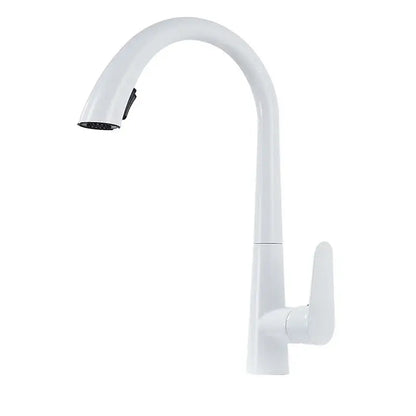 White modern kitchen faucet with sleek curved spout and single lever handle complementing decorbites black brushed gold
