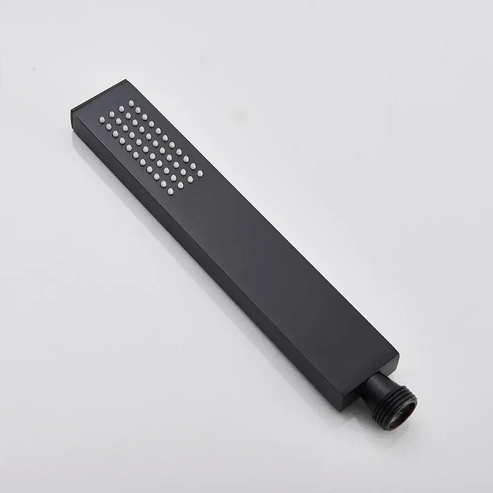Modern matte black decorbites black abs handshower head with a 150cm stainless hose and white nozzles in rectangular shape