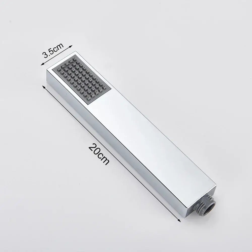 A sleek chrome handshower head with 20cm length featuring small nozzles paired with 150cm stainless hose decorbites black abs