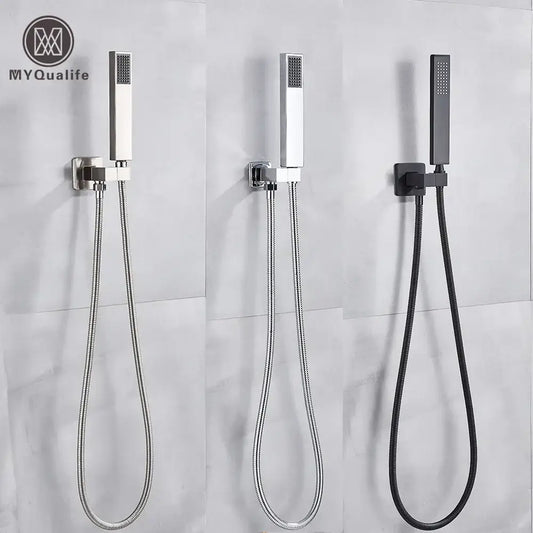 Modern matte black and brushed nickel handshower head with 150cm stainless hose and decorbites black abs finish