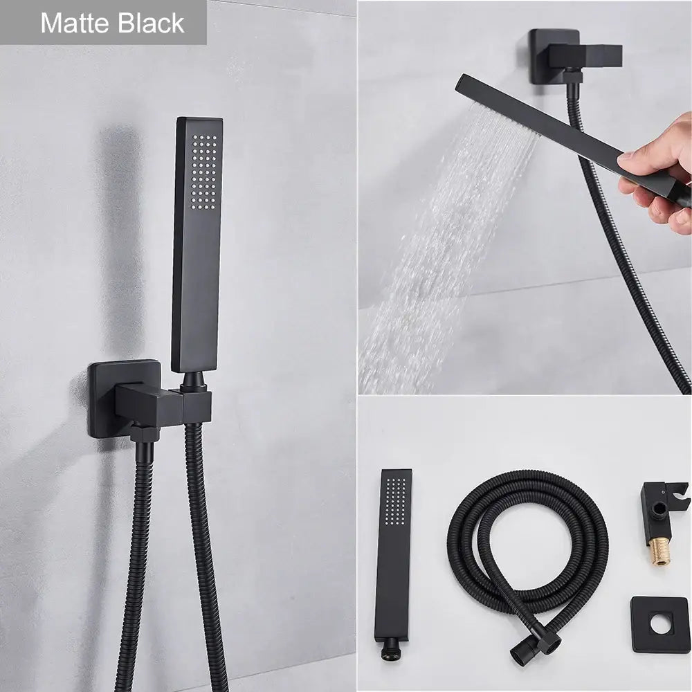 Matte black modern handshower head with sleek rectangular fixtures and 150cm stainless hose by decorbites black abs