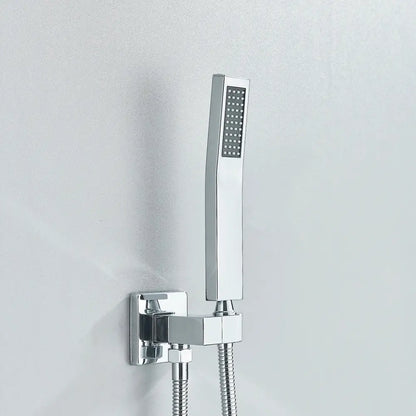 Modern chrome-finished rectangular showerhead with perforated spray face paired with decorbites black abs handshower head and 150cm stainless hose