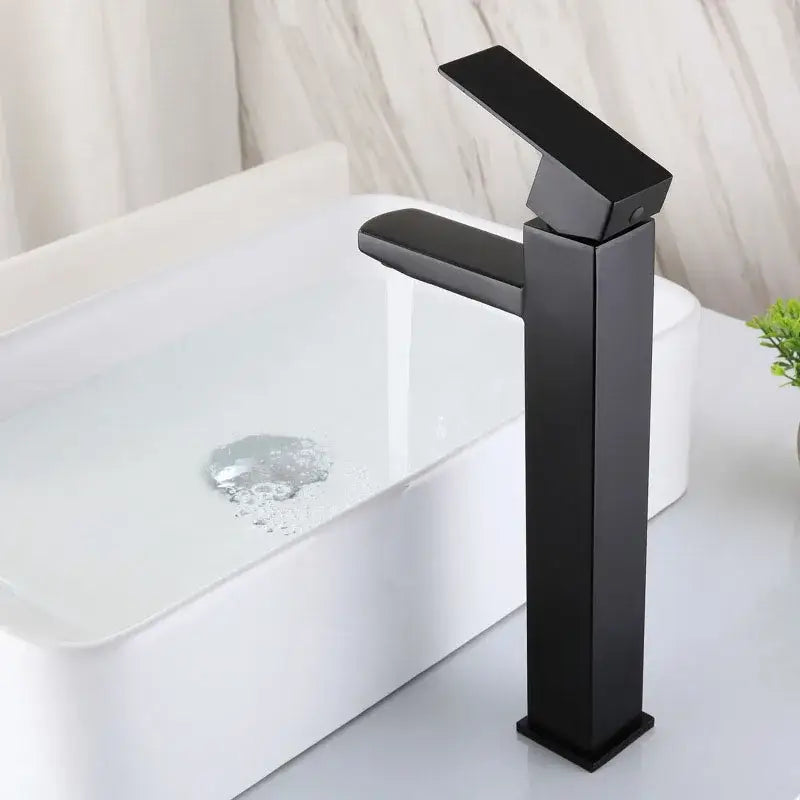 Modern matte black brushed tall basin sink faucet with angular design and square spout for bathroom decorbites brushed tall