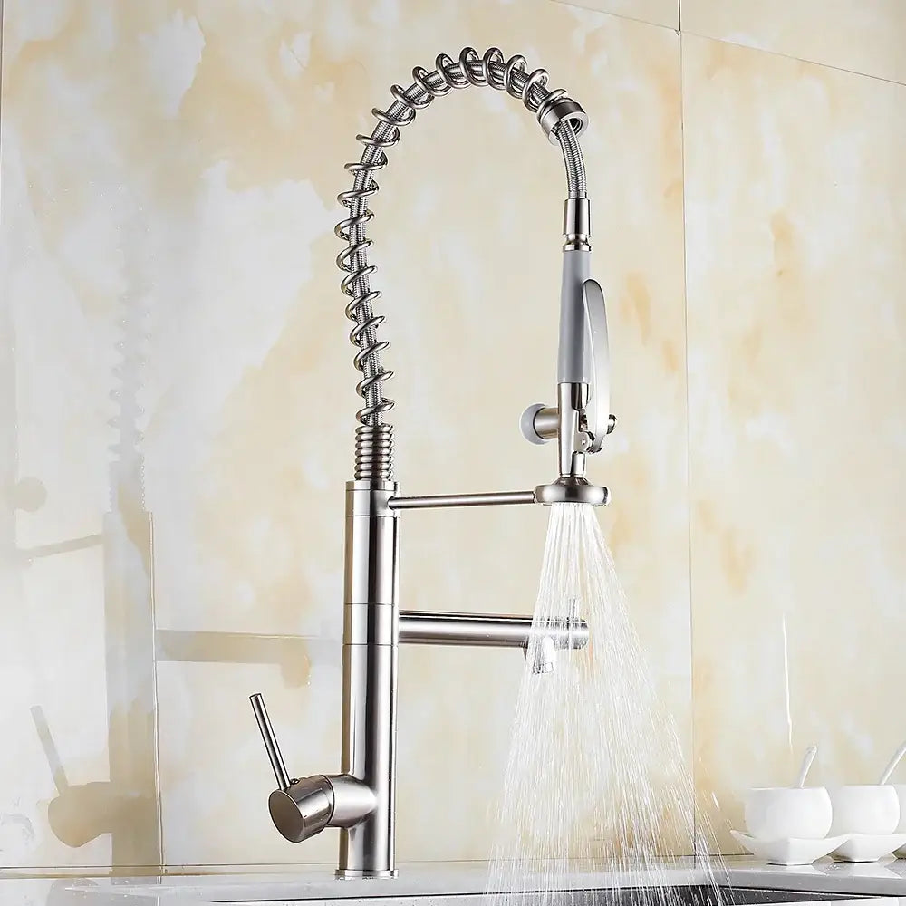Modern matte black chrome kitchen faucet with stainless steel flexible coiled spring hose and pull down spray head decorbites black chrome