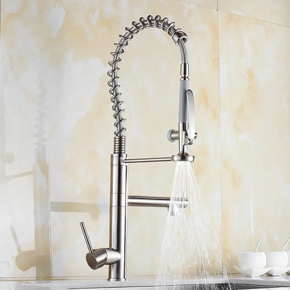 Modern matte black chrome kitchen faucet with stainless steel flexible coiled spring hose and pull down spray head decorbites black chrome