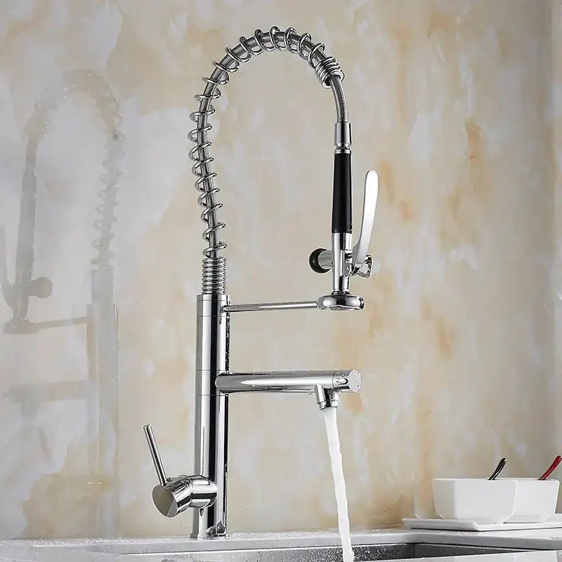 Modern matte black chrome kitchen faucet with spring-loaded pull down spray head and black handle by decorbites black chrome