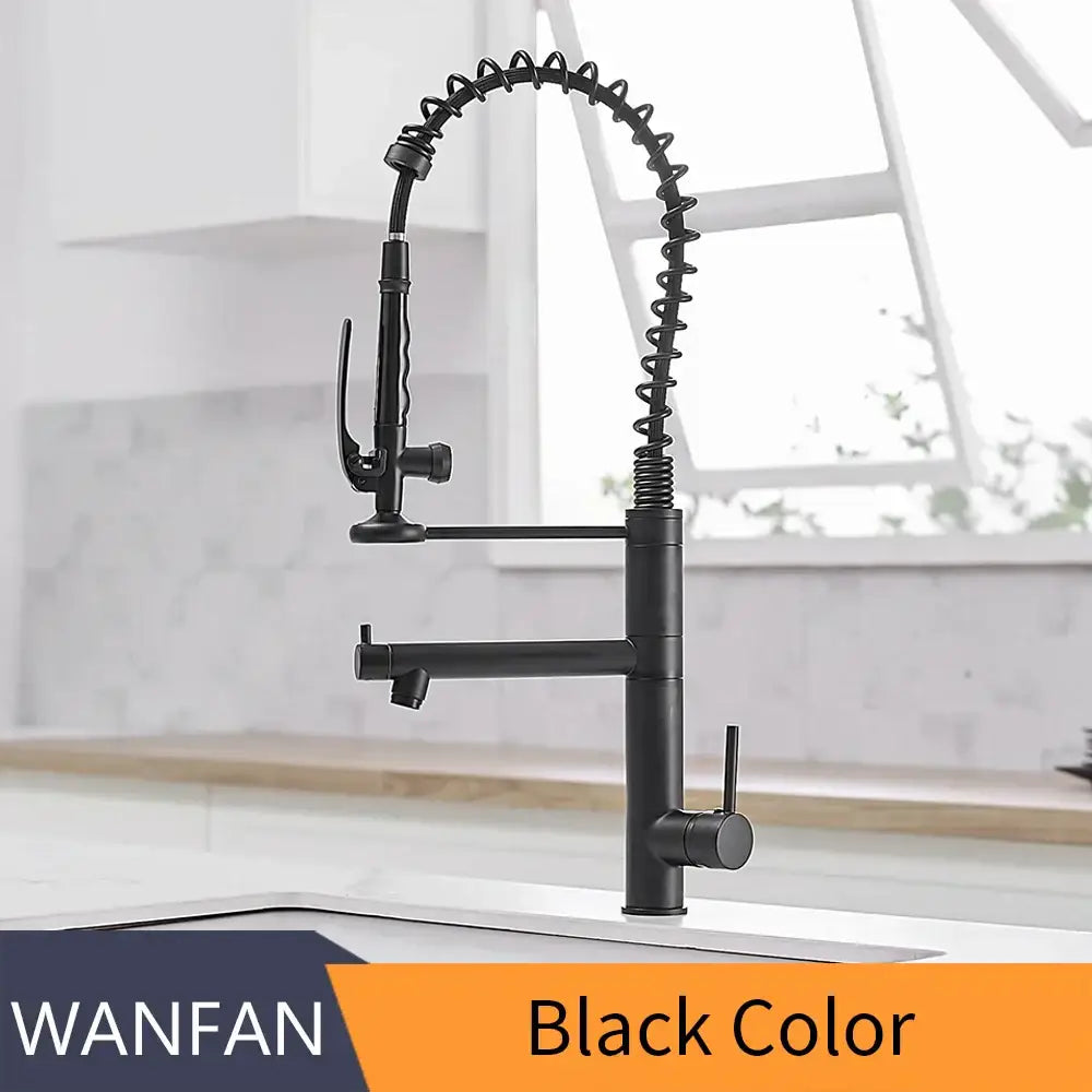 Modern matte black chrome kitchen faucet with coiled flexible spout and pull-down spray by decorbites black chrome
