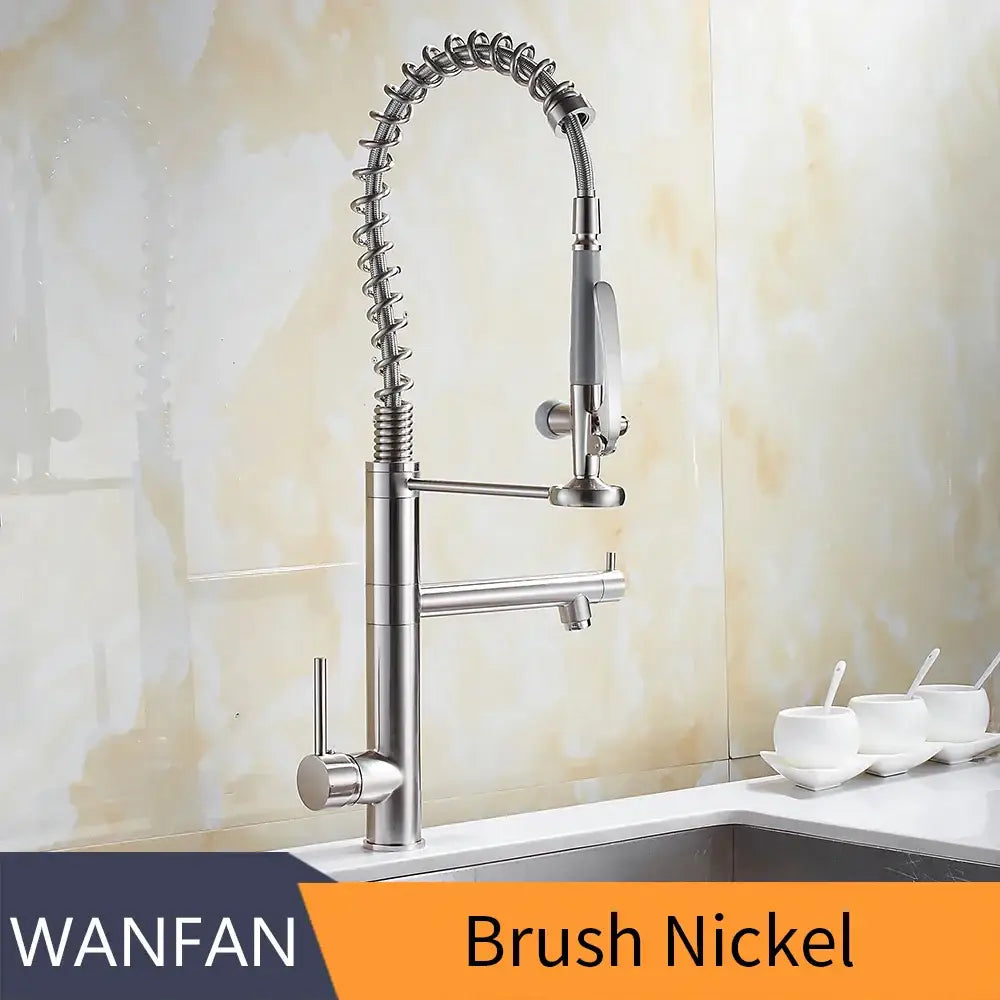 Modern matte black chrome kitchen faucet with flexible coiled gooseneck spout and pull-down spray head decorbites black chrome