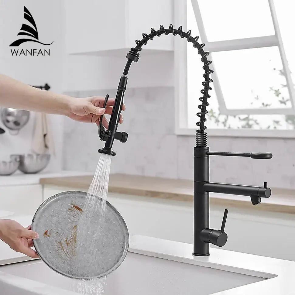 Modern matte black chrome kitchen faucet with pull down spray and flexible coiled gooseneck spout by decorbites black chrome