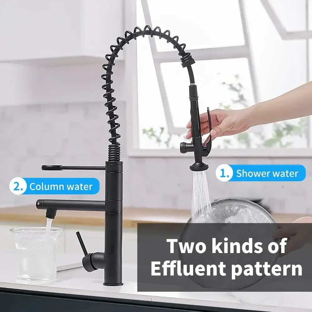 Modern matte black chrome kitchen faucet with flexible coiled gooseneck spout and dual-function pull down spray head decorbites black chrome