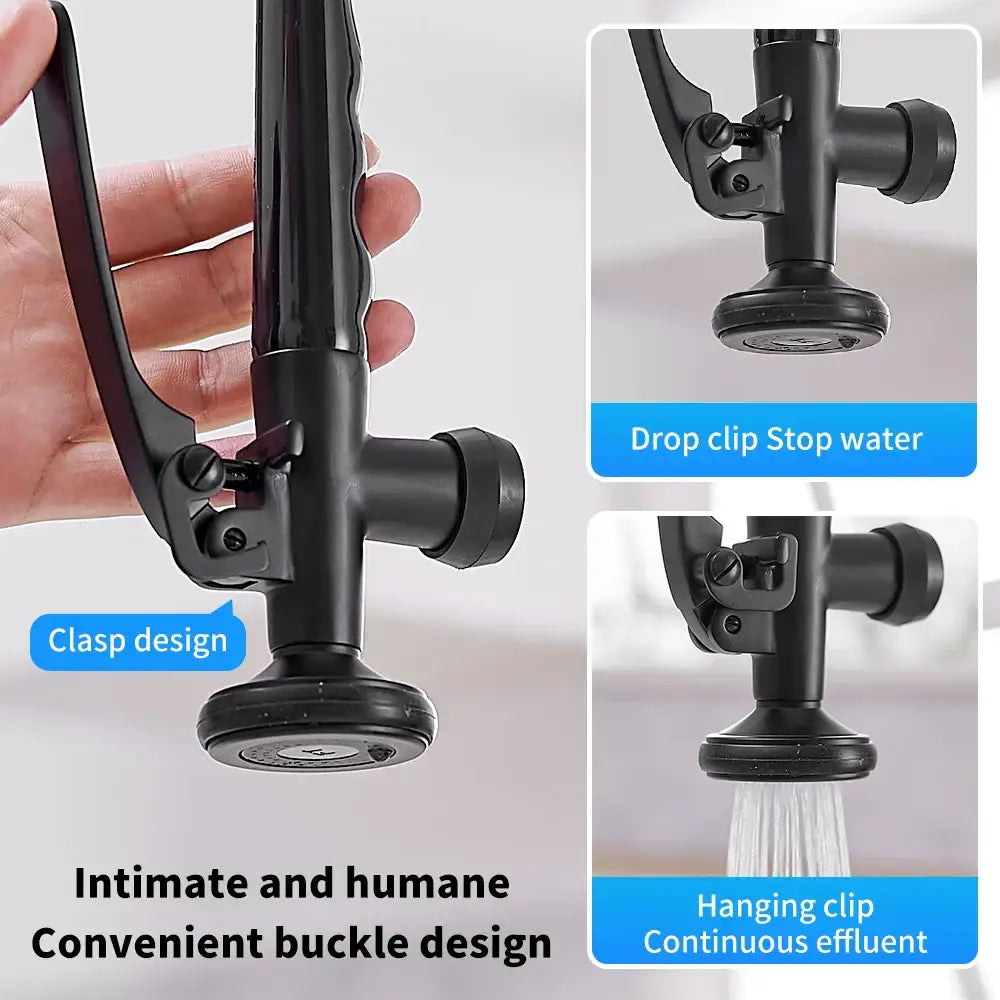 Modern matte black chrome kitchen faucet with pull down spray featuring a black metal showerhead with clasp design and drop clip stop water feature