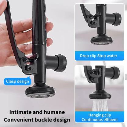 Modern matte black chrome kitchen faucet with pull down spray featuring a black metal showerhead with clasp design and drop clip stop water feature