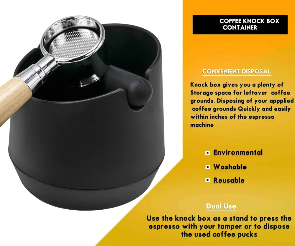Modern matte black ceramic coffee knock box container with built-in handle and silver metal portafilter inside