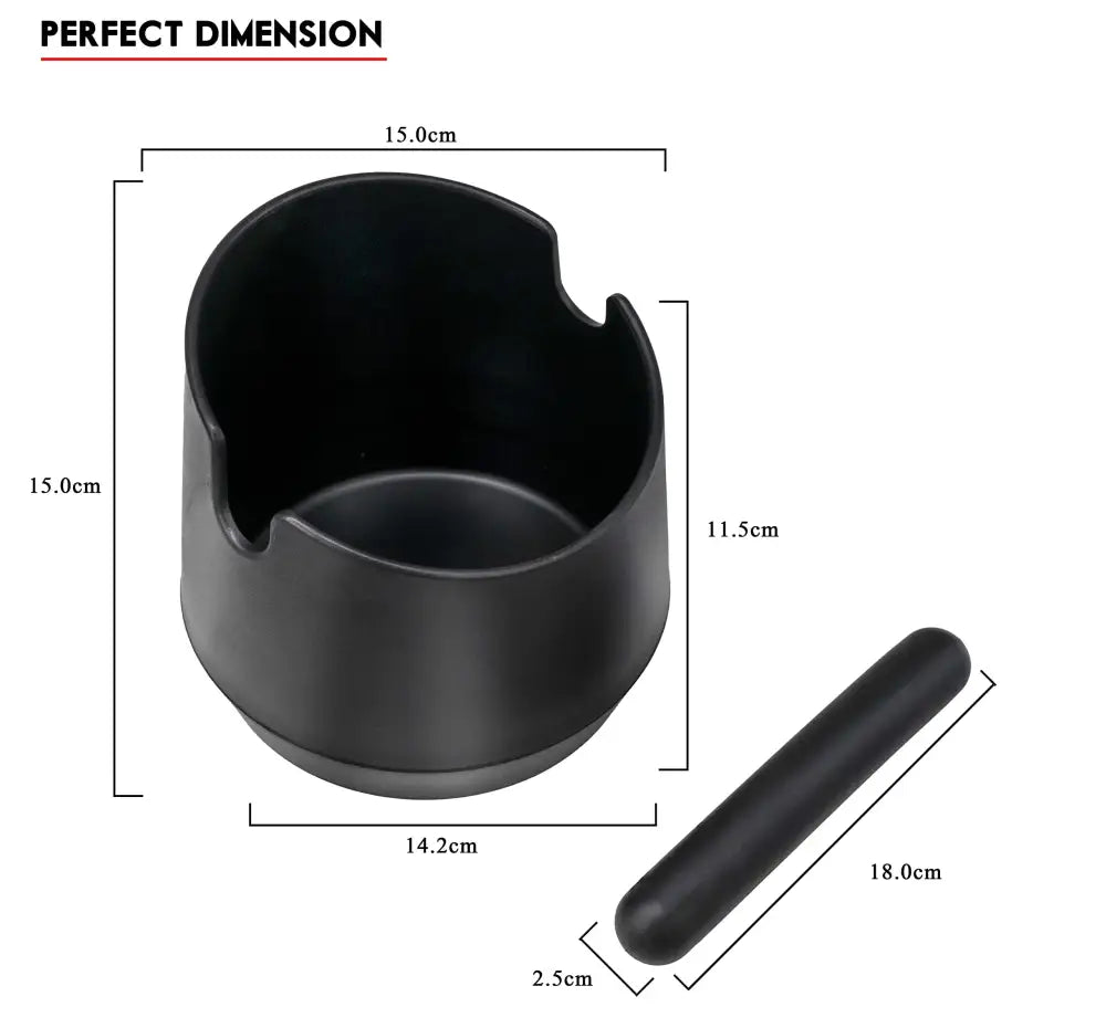 Modern matte black plastic coffee knock box with integrated handle and matching black cylindrical crochet hook