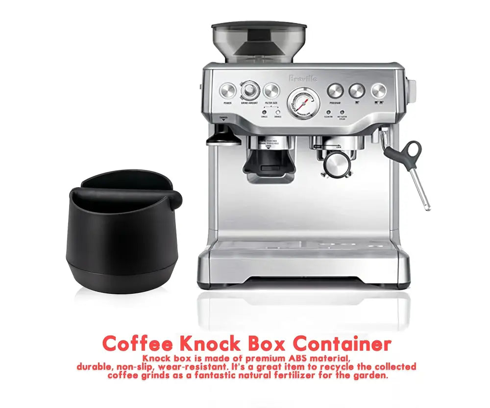 Silver Breville espresso machine with a modern matte black coffee knock box kitchen residue container beside it