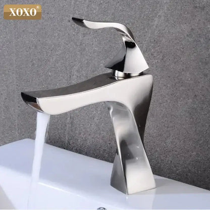 Shiny chrome-finished xoxo brand modern basin faucet with sleek angular design for decorbites contemporary brass basin use
