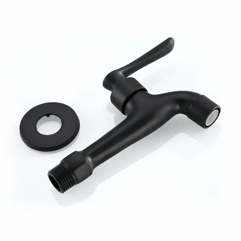 Modern matte black copper bathroom wall mounted faucet with curved spout lever handle and circular mounting flange