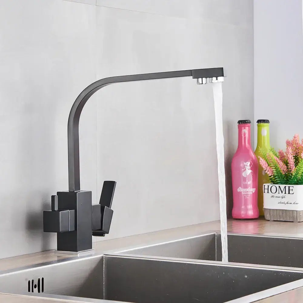 Modern matte black curved dual handle kitchen faucet with sleek spout ideal for decorbites beige purity kitchen design
