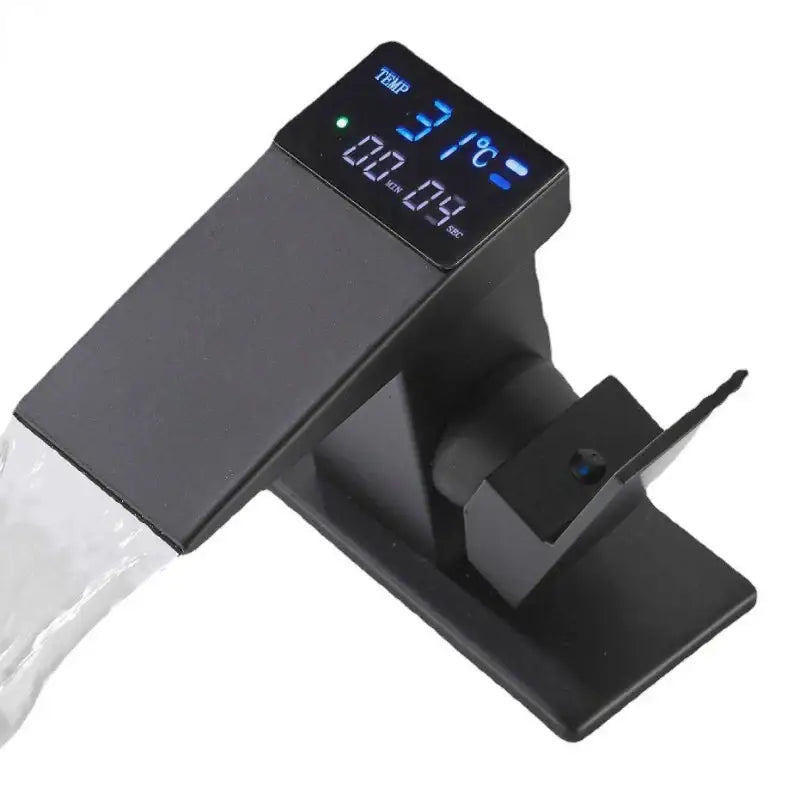 Modern matte black basin faucet with decorbites digital display and blue led temperature monitor for bathroom use