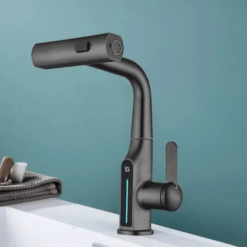 Modern matte black basin faucet with a sleek curved spout and decorbites digital display waterfall design for bathrooms