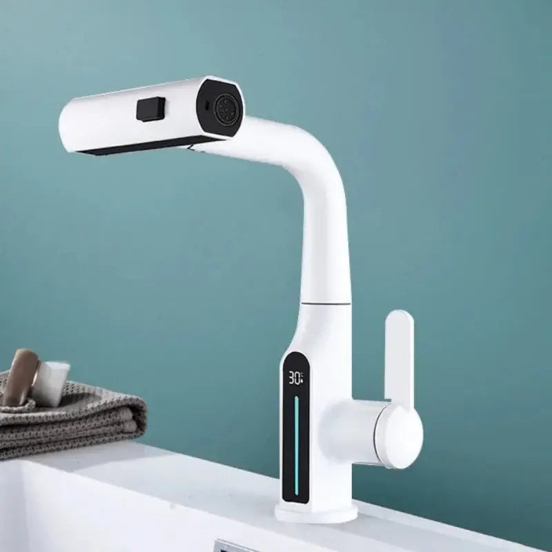 Modern white basin faucet with sleek curved design and decorbites digital display showing 30°c temperature