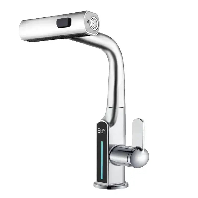 Modern chrome-finished basin faucet with decorbites digital display and integrated spray nozzle for bathroom use