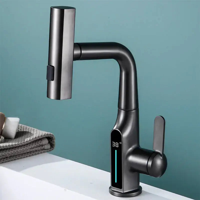 Modern matte black basin faucet with decorbites digital display and integrated handle showing 38 degrees temperature