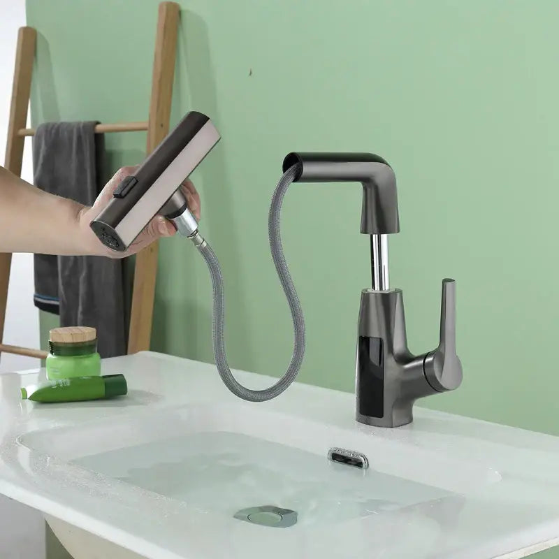 Modern matte black digital display waterfall basin faucet with brushed stainless steel and flexible hose attachment by decorbites