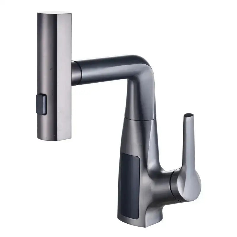 Modern matte black basin faucet with sleek angular design and decorbites digital display waterfall touch controls
