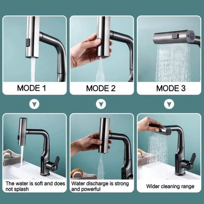 Modern matte black basin faucet with pull-down spray head and decorbites digital display waterfall feature