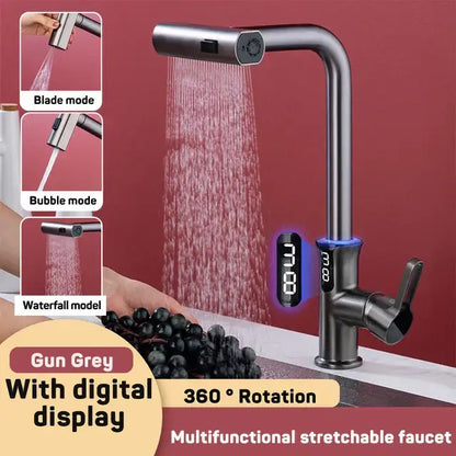 Modern gun grey multifunctional stretchable faucet with decorbites digital display and digital display waterfall modes