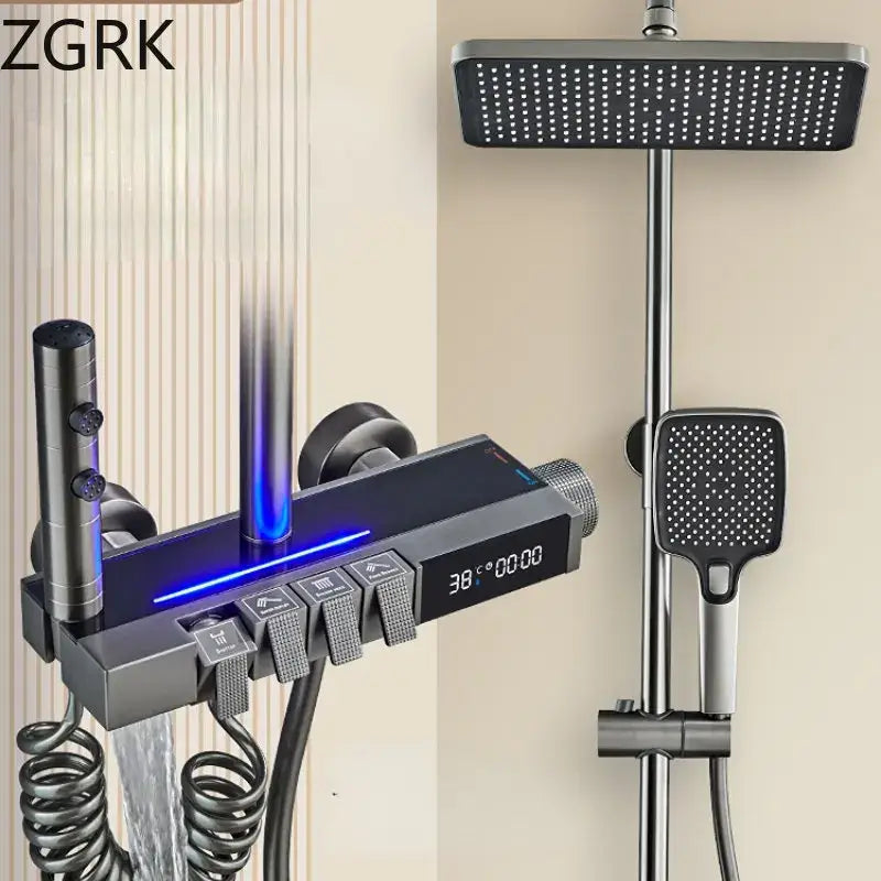 Modern matte black digital led shower faucet set with multiple spray heads and digital display for bathroom use