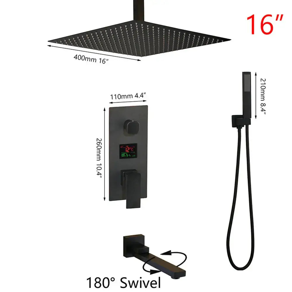 Modern matte black digital shower faucet featuring a 16-inch black digital shower rainfall head and handheld wand by decorbites