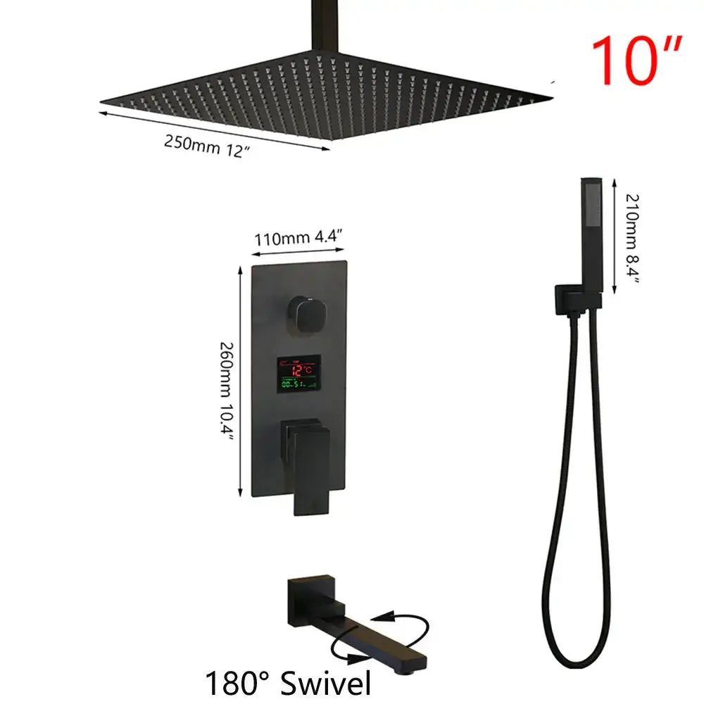 Modern matte black digital shower faucet with 10-inch black matte rainfall showerhead and integrated temperature display