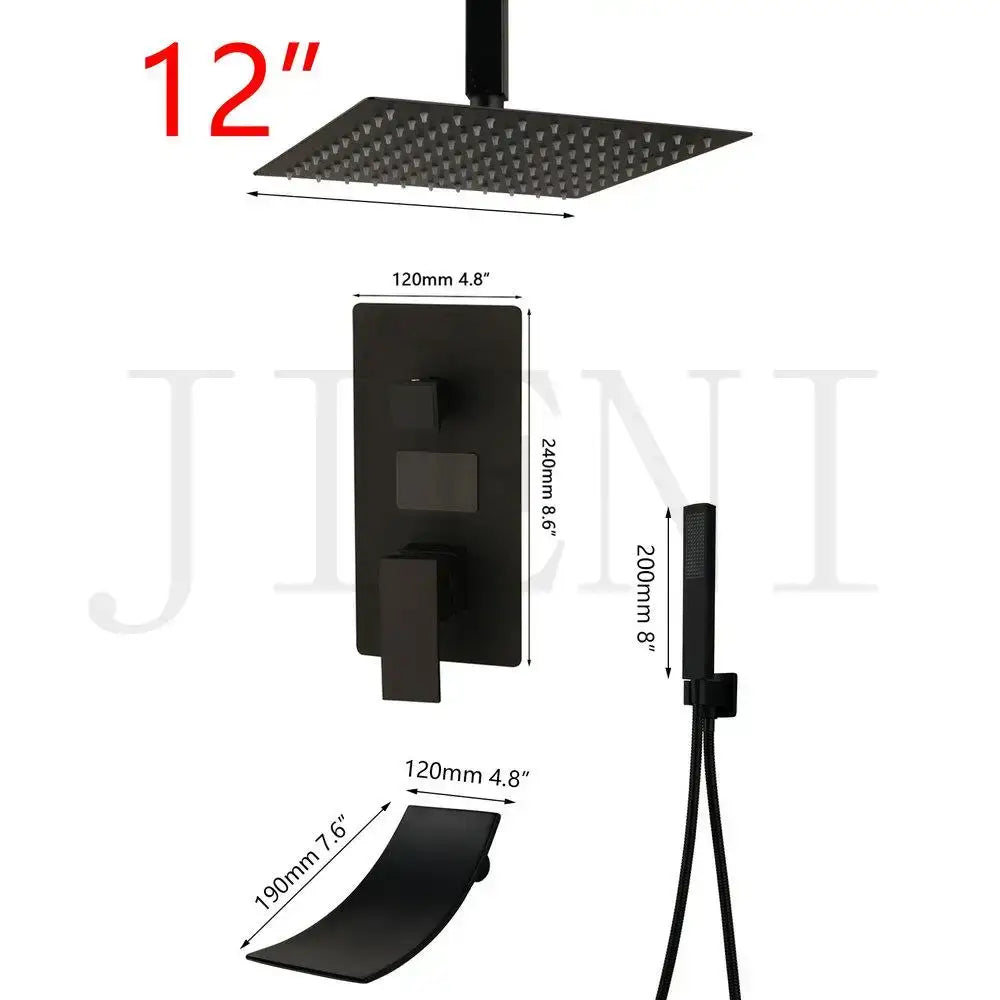 Modern matte black digital shower faucet with a 12-inch square rainhead and wall-mounted control panel by decorbites black digital