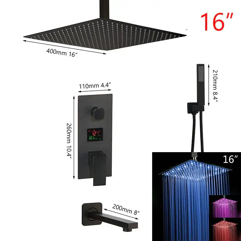 Modern matte black digital shower faucet rainfall system with 16-inch black digital shower led rain shower head and control panel