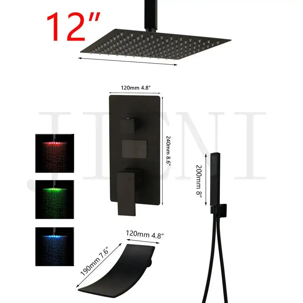 Modern matte black digital shower faucet with 12-inch black matte rainfall showerhead and led lighting decorbites black digital