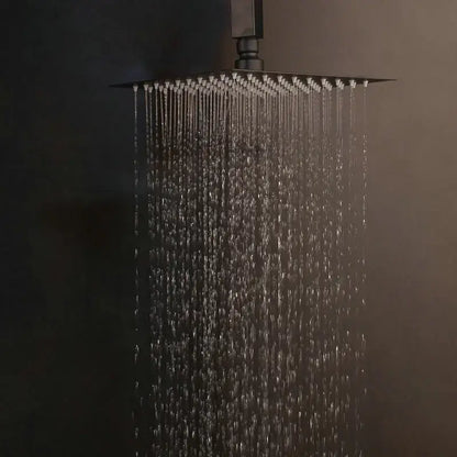 Modern matte black digital shower faucet with black matte-finished square rain showerhead and multiple water streams flowing downward